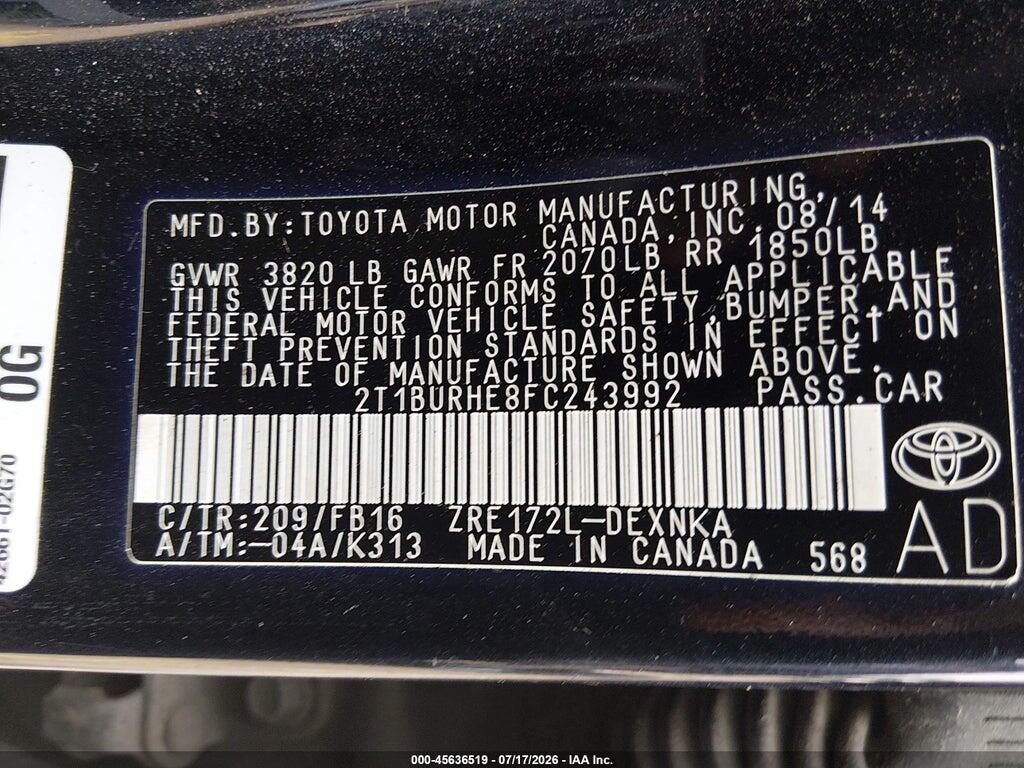 2T1BURHE8FC243992 2015 TOYOTA COROLLA photo no. 9