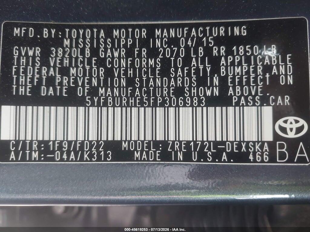 5YFBURHE5FP306983 2015 TOYOTA COROLLA photo no. 9