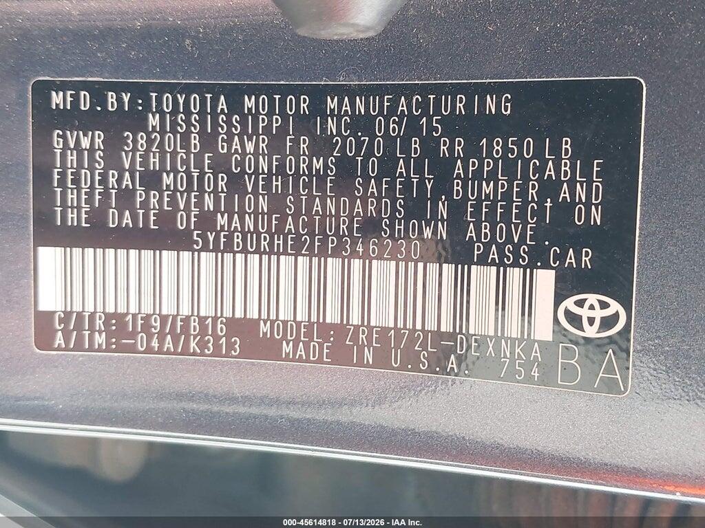 5YFBURHE2FP346230 2015 TOYOTA COROLLA photo no. 9