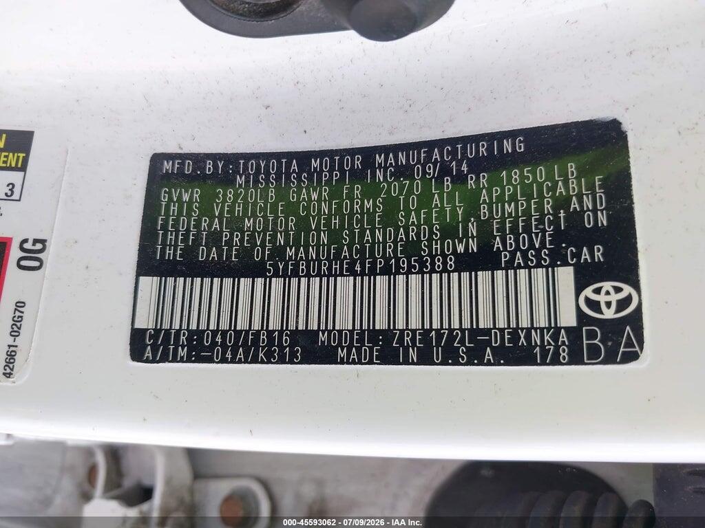 5YFBURHE4FP195388 2015 TOYOTA COROLLA photo no. 9