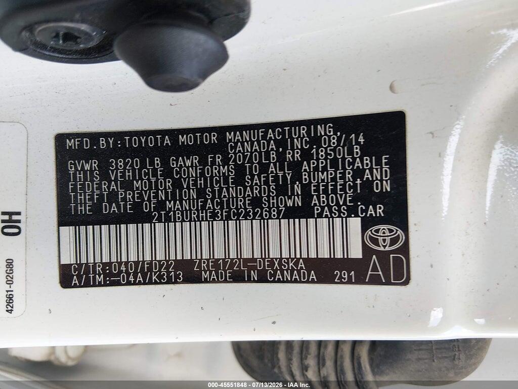 2T1BURHE3FC232687 2015 TOYOTA COROLLA photo no. 9