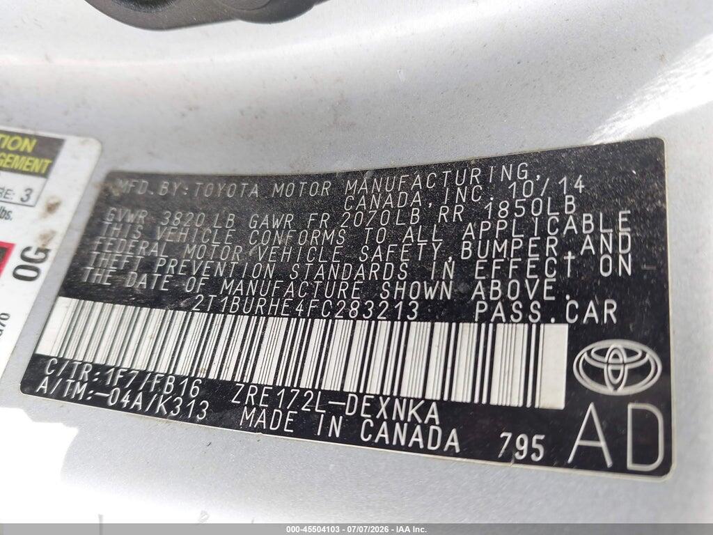 2T1BURHE4FC283213 2015 TOYOTA COROLLA photo no. 9