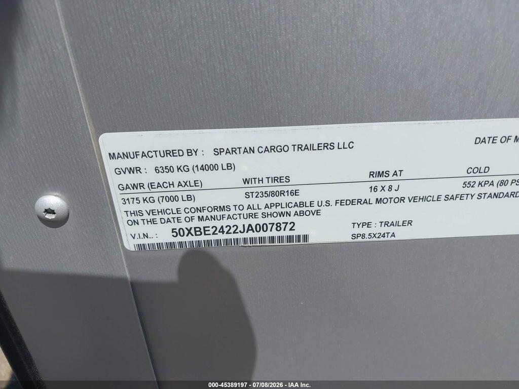 50XBE2422JA007872 2018 SPARTAN CARGO TRAI photo no. 9