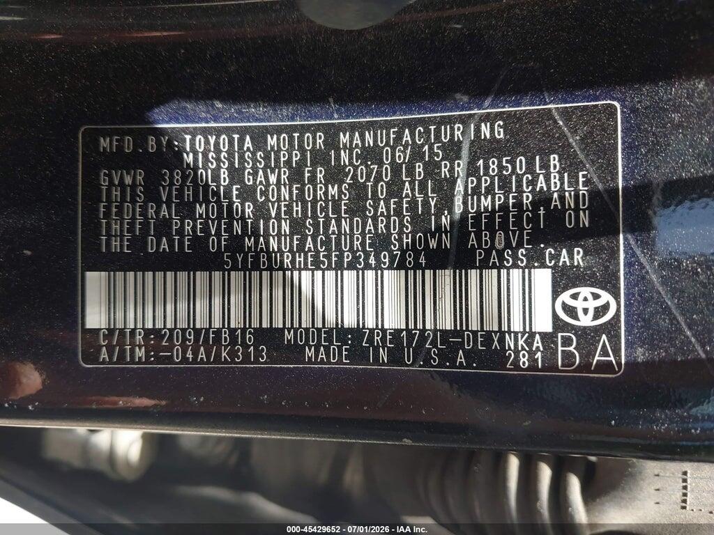 5YFBURHE5FP349784 2015 TOYOTA COROLLA photo no. 9