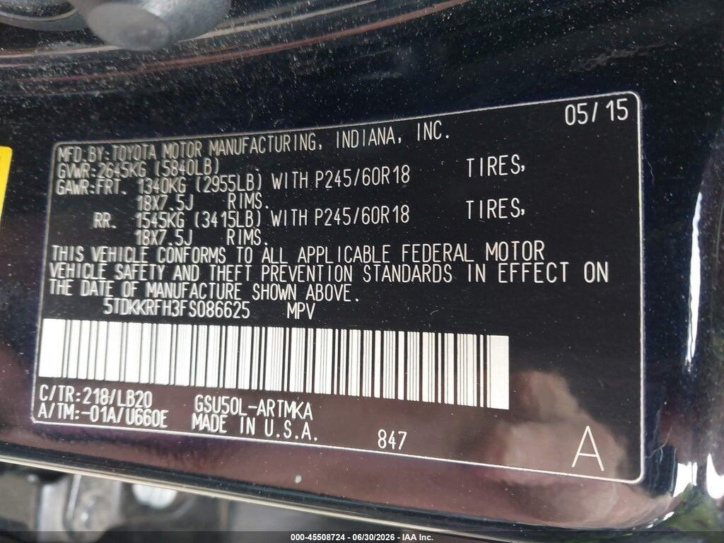 5TDKKRFH3FS086625 2015 TOYOTA HIGHLANDER photo no. 9