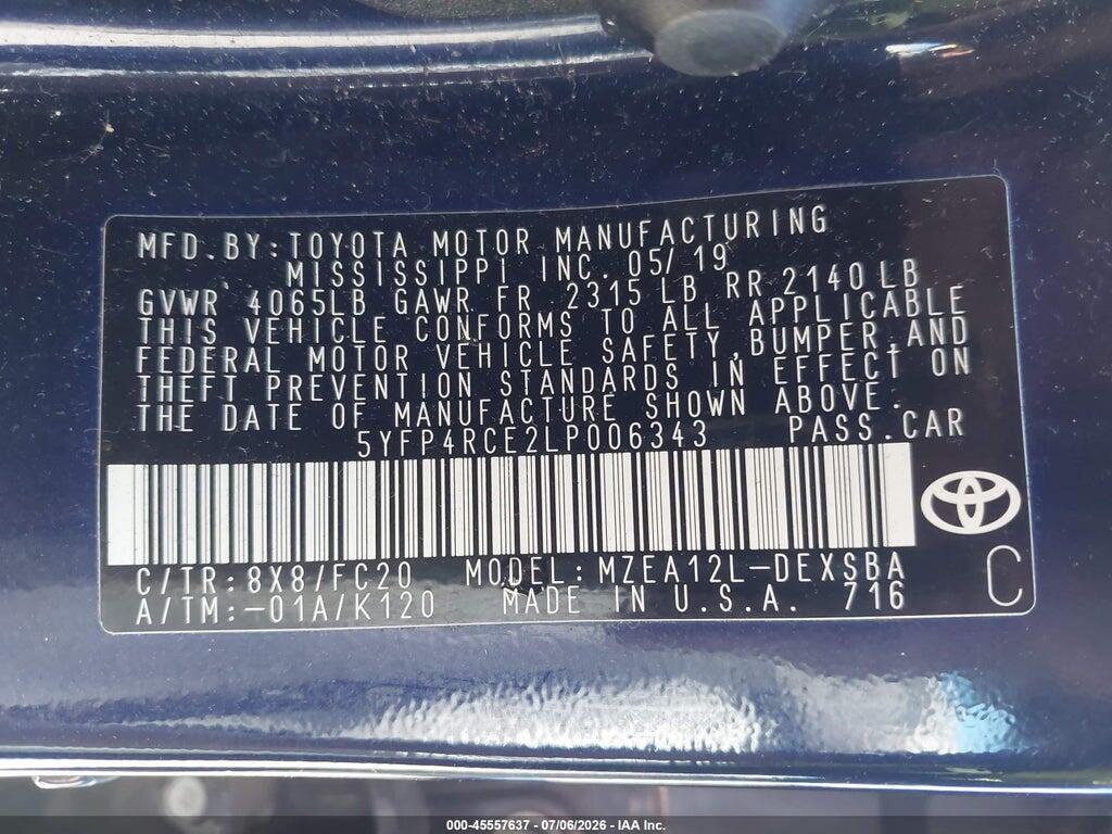 5YFP4RCE2LP006343 2020 TOYOTA COROLLA photo no. 9