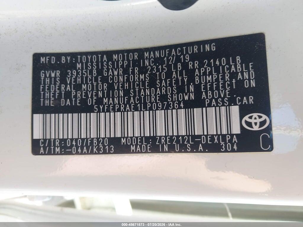 5YFEPRAE1LP097364 2020 TOYOTA COROLLA photo no. 9