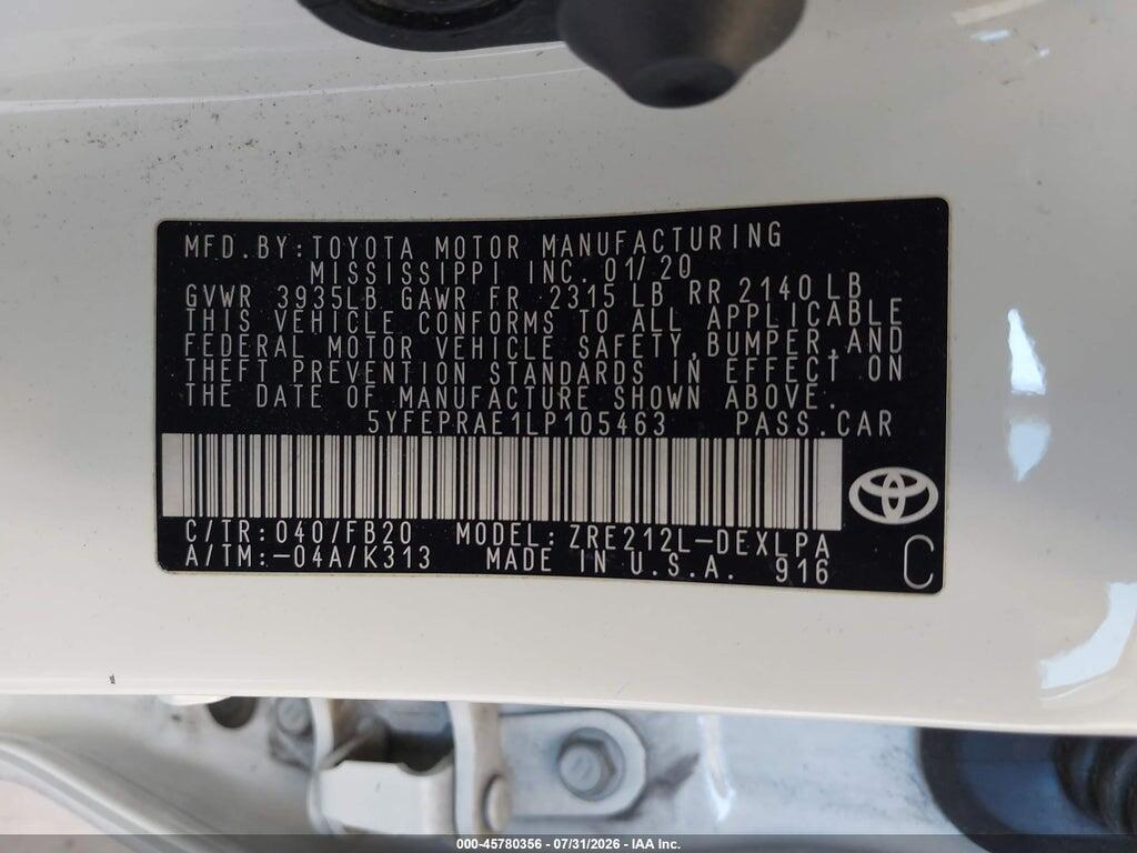 5YFEPRAE1LP105463 2020 TOYOTA COROLLA photo no. 9