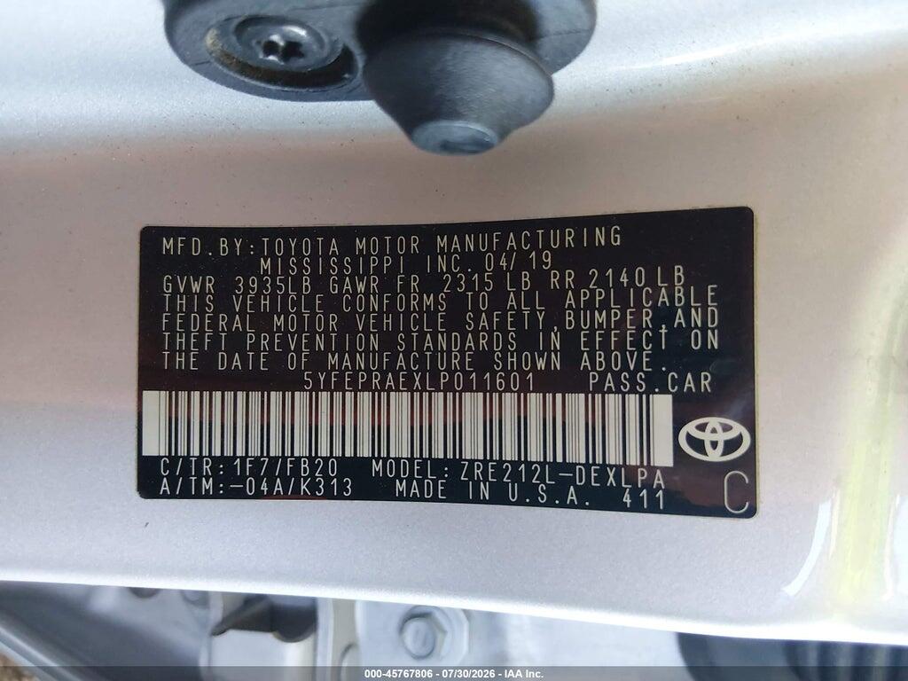 5YFEPRAEXLP011601 2020 TOYOTA COROLLA photo no. 9