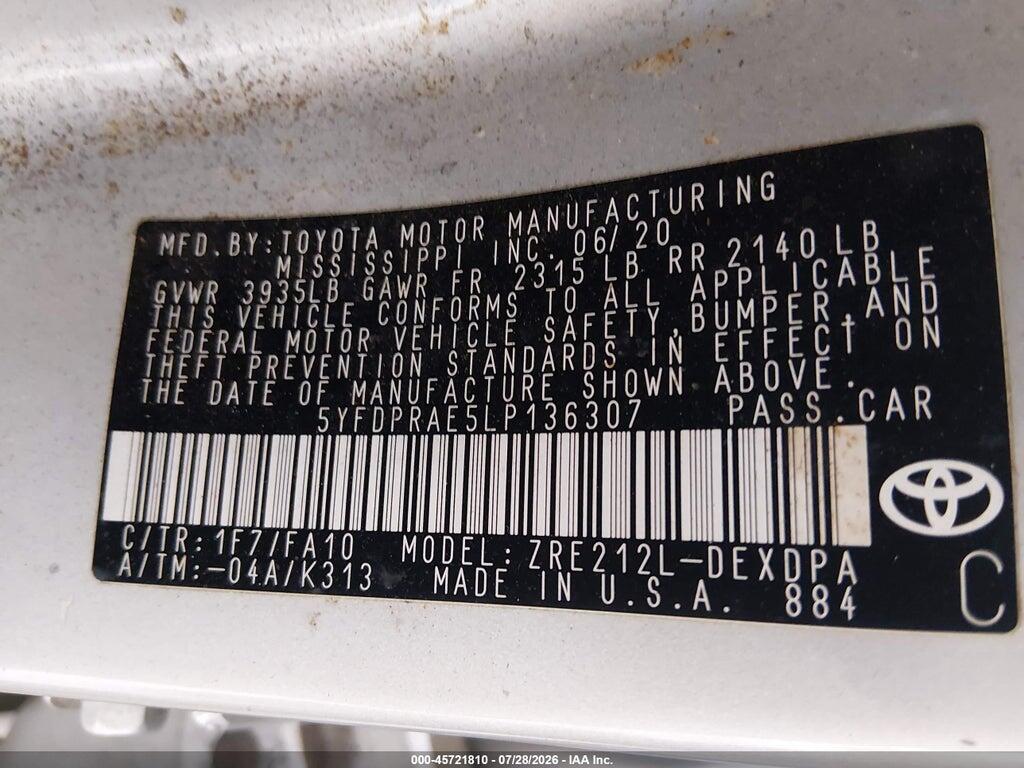 5YFDPRAE5LP136307 2020 TOYOTA COROLLA photo no. 9