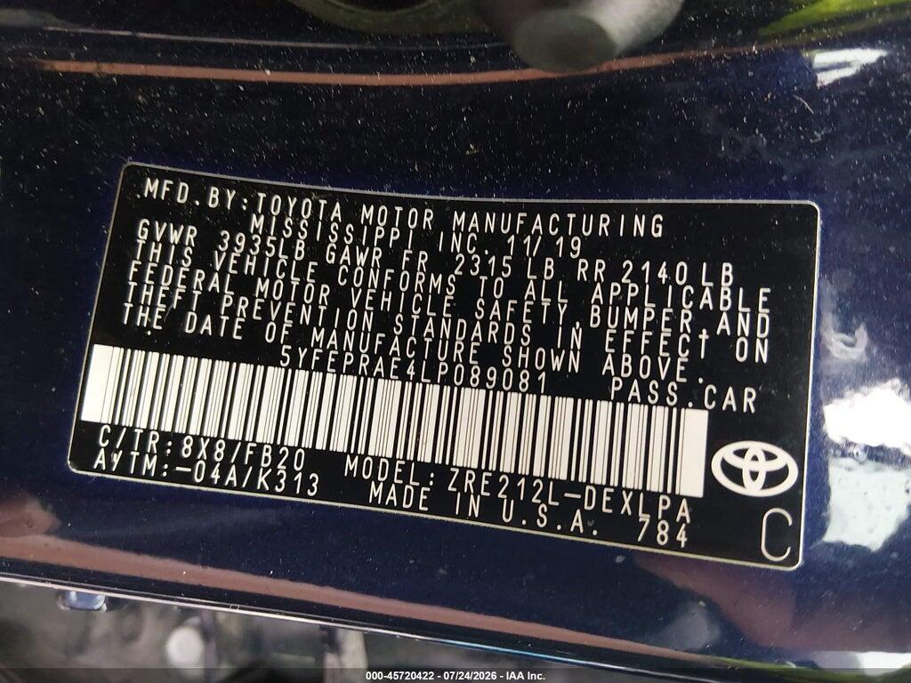 5YFEPRAE4LP089081 2020 TOYOTA COROLLA photo no. 9