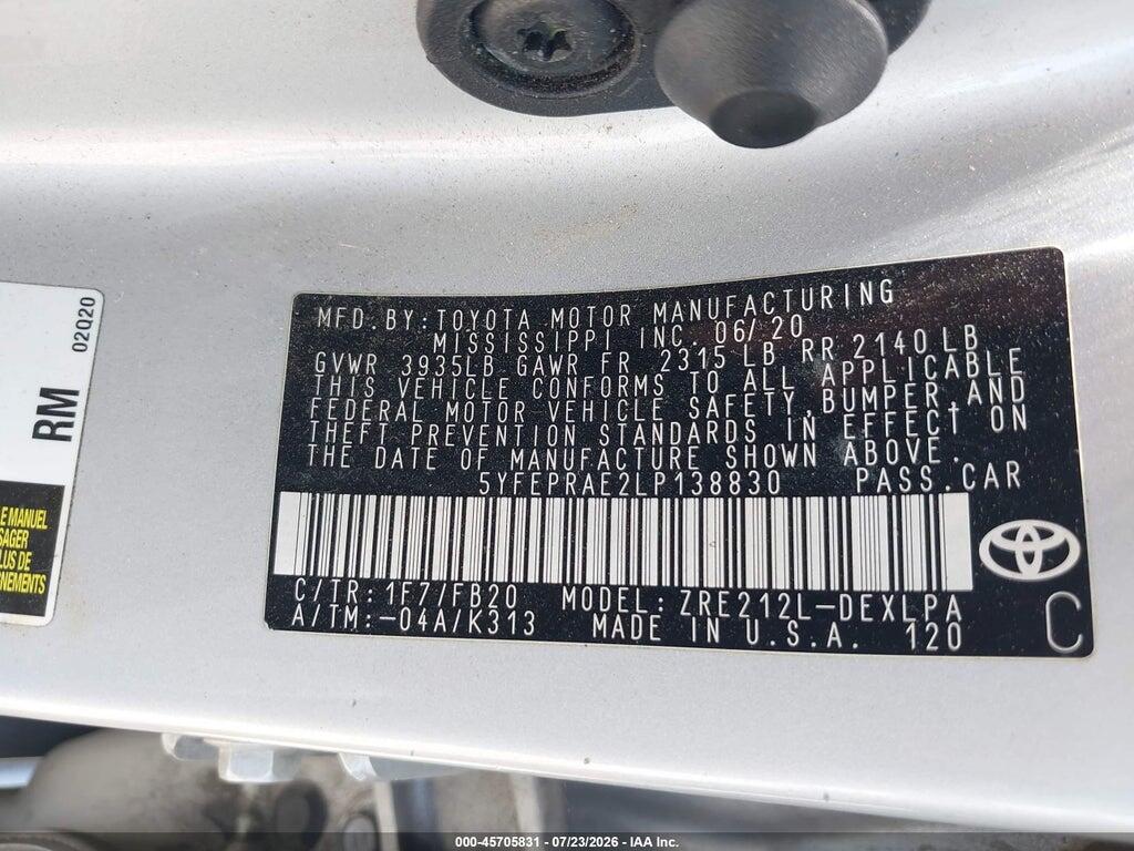 5YFEPRAE2LP138830 2020 TOYOTA COROLLA photo no. 9