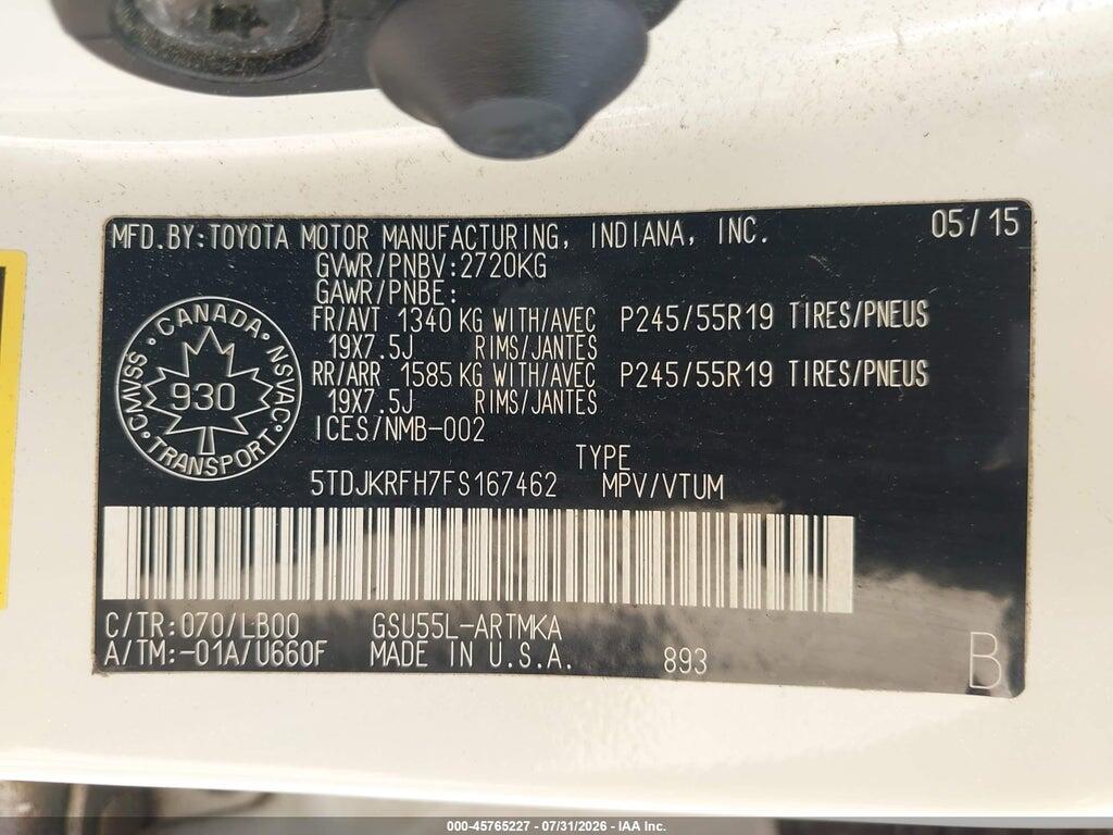 5TDJKRFH7FS167462 2015 TOYOTA HIGHLANDER photo no. 9