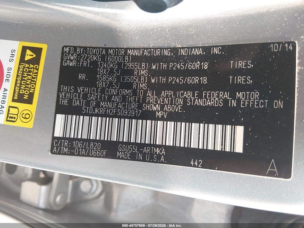 5TDJKRFH2FS093917 2015 TOYOTA HIGHLANDER photo no. 9