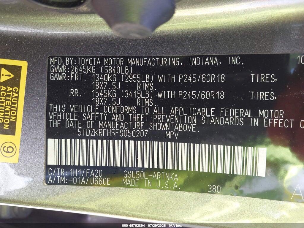 5TDZKRFH5FS050207 2015 TOYOTA HIGHLANDER photo no. 9