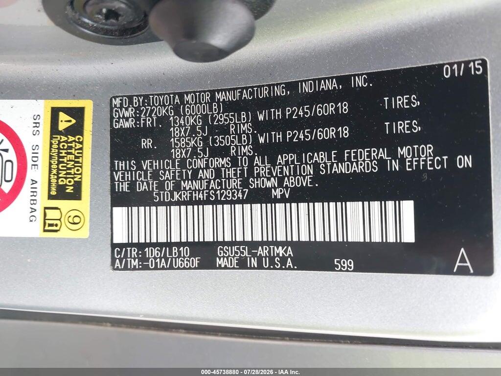 5TDJKRFH4FS129347 2015 TOYOTA HIGHLANDER photo no. 9