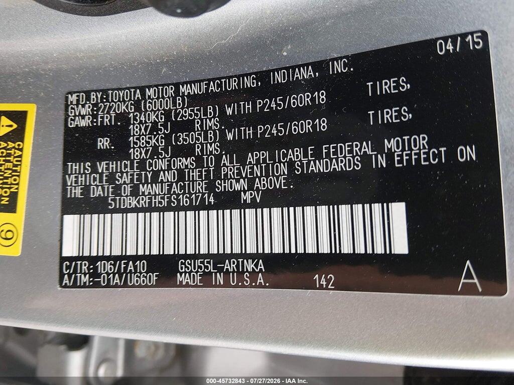 5TDBKRFH5FS161714 2015 TOYOTA HIGHLANDER photo no. 9