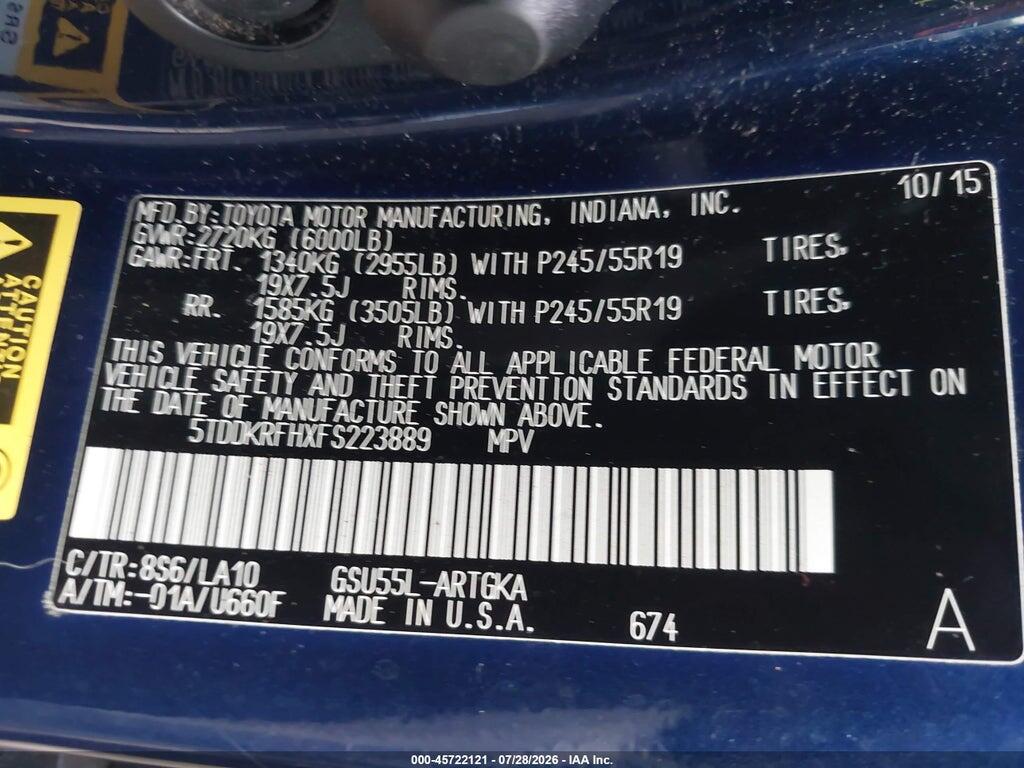 5TDDKRFHXFS223889 2015 TOYOTA HIGHLANDER photo no. 9