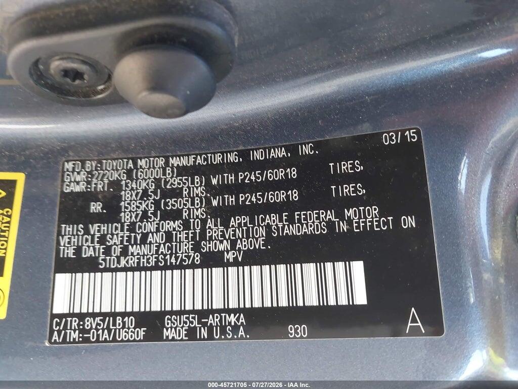 5TDJKRFH3FS147578 2015 TOYOTA HIGHLANDER photo no. 9