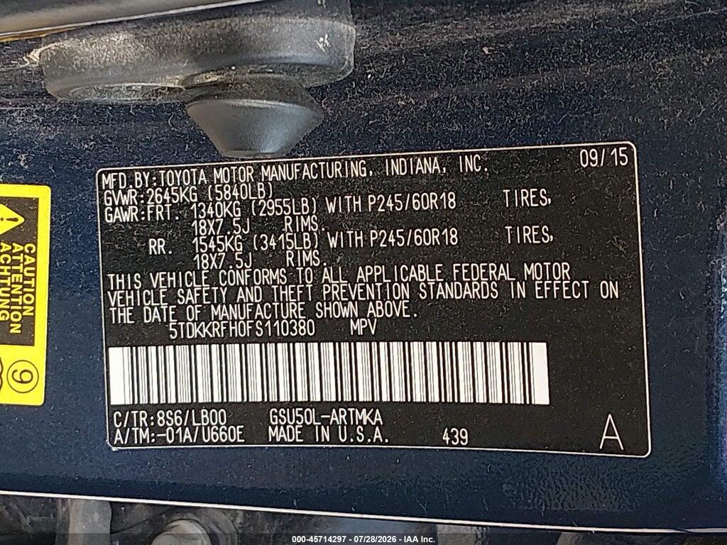 5TDKKRFH0FS110380 2015 TOYOTA HIGHLANDER photo no. 9