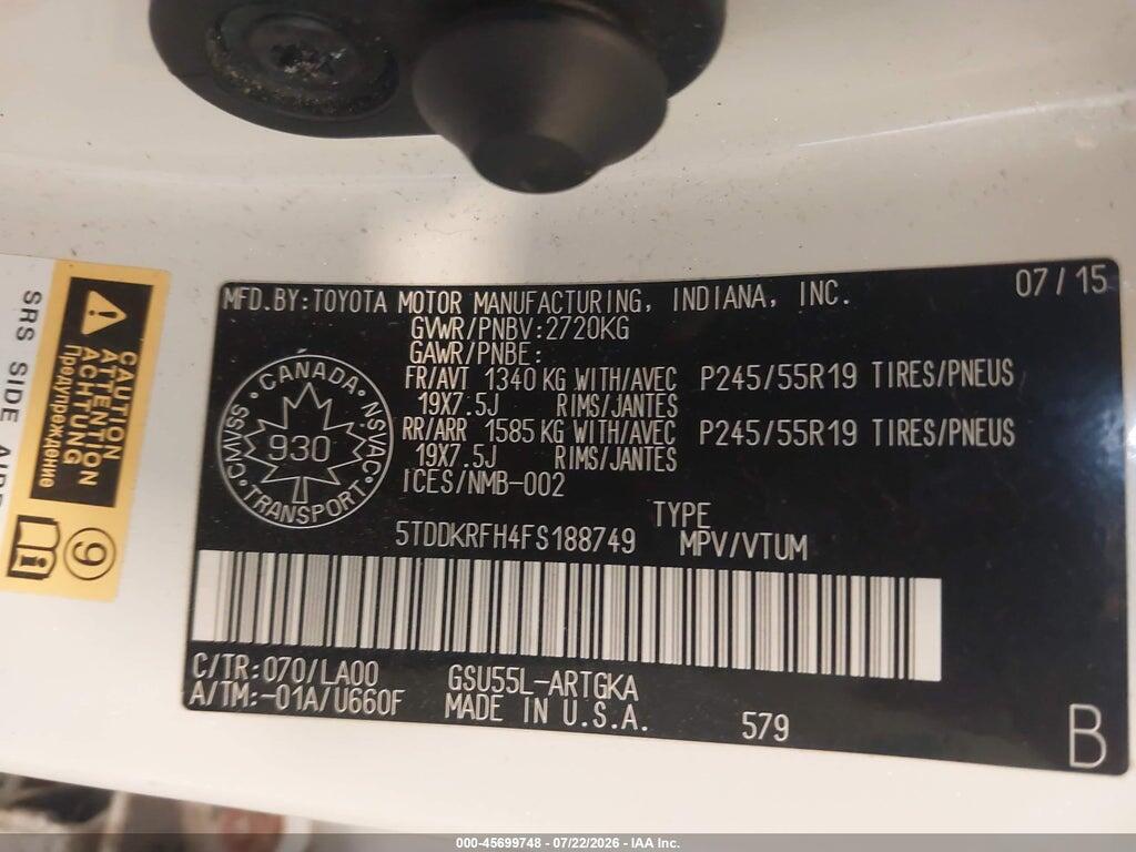 5TDDKRFH4FS188749 2015 TOYOTA HIGHLANDER photo no. 9