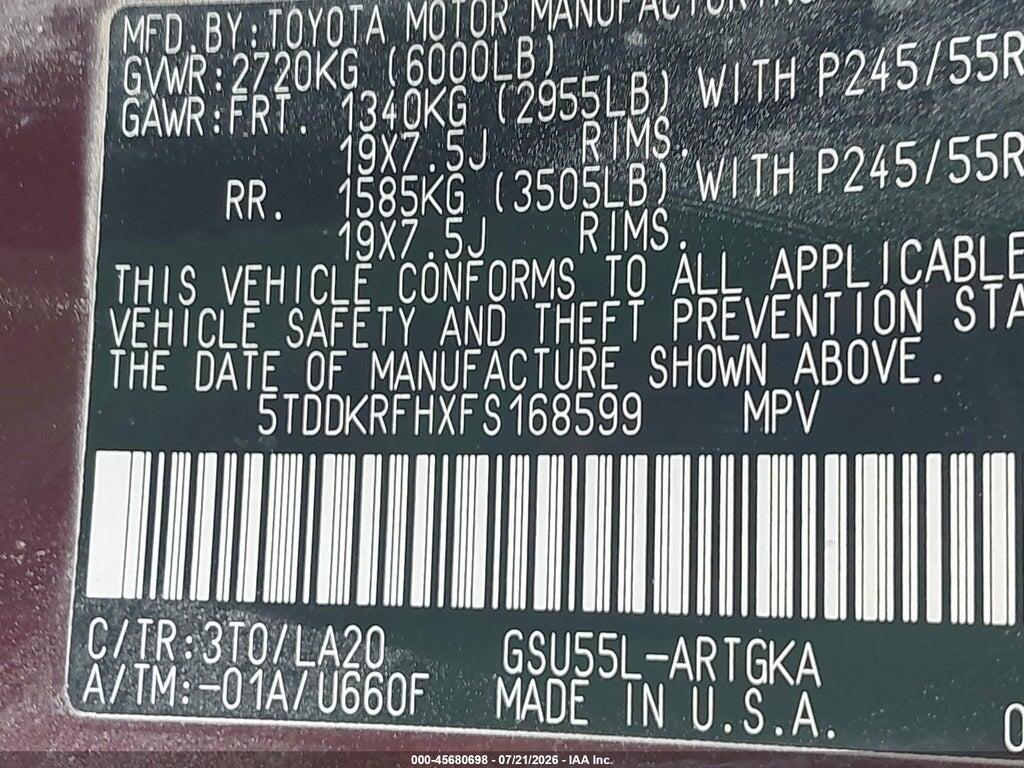 5TDDKRFHXFS168599 2015 TOYOTA HIGHLANDER photo no. 9