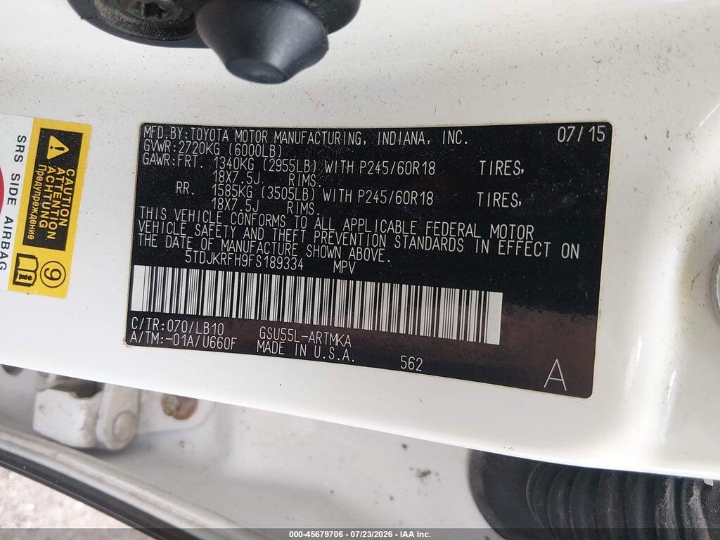 5TDJKRFH9FS189334 2015 TOYOTA HIGHLANDER photo no. 9