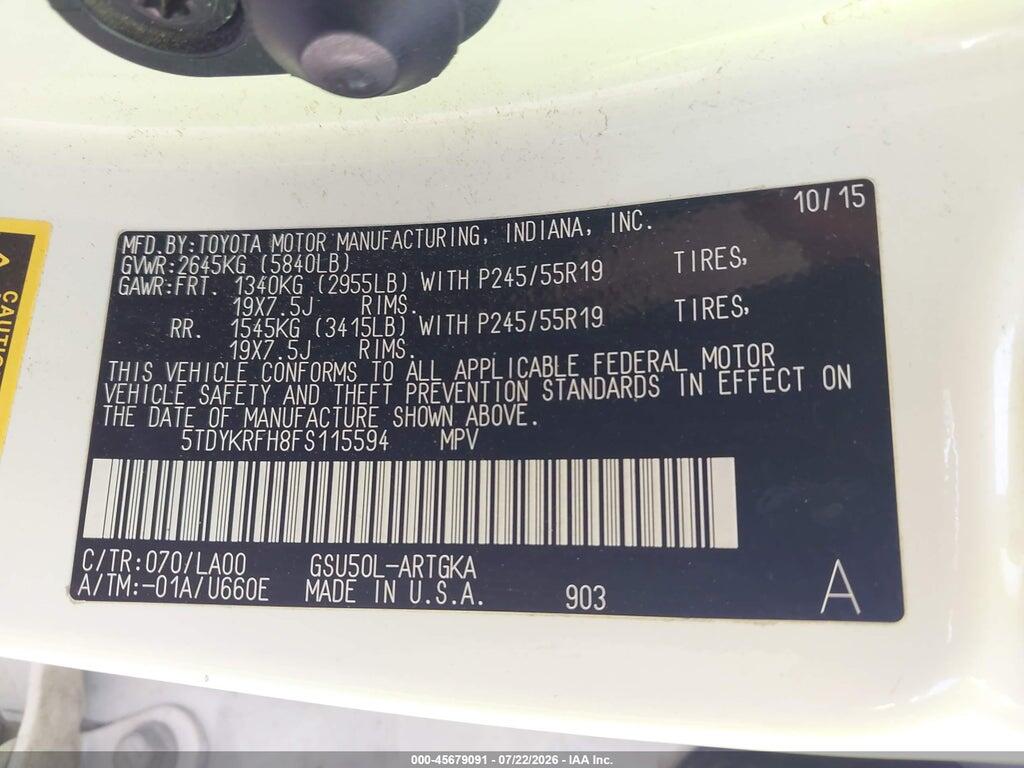 5TDYKRFH8FS115594 2015 TOYOTA HIGHLANDER photo no. 9