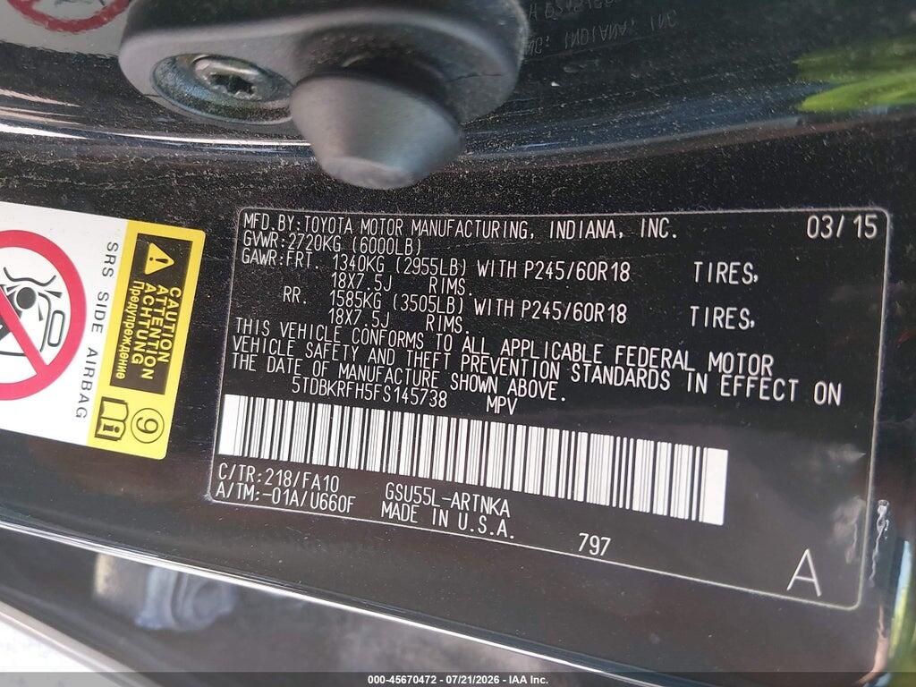 5TDBKRFH5FS145738 2015 TOYOTA HIGHLANDER photo no. 9