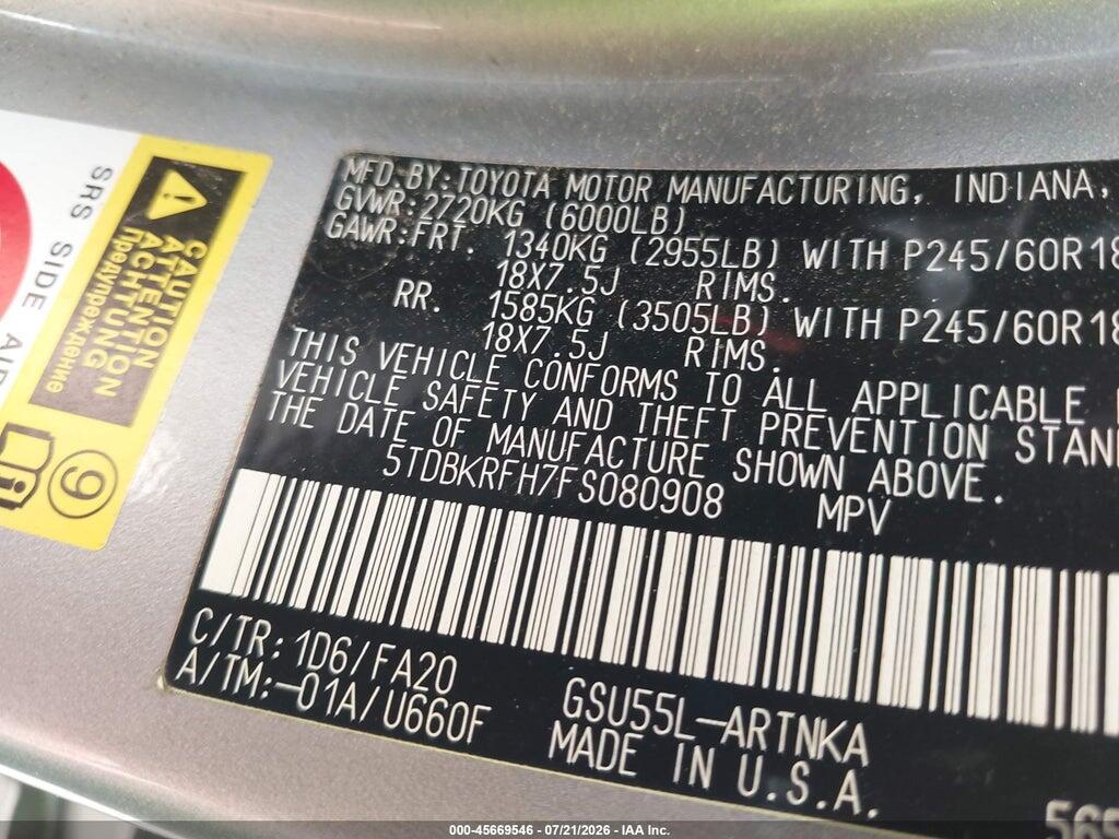 5TDBKRFH7FS080908 2015 TOYOTA HIGHLANDER photo no. 9