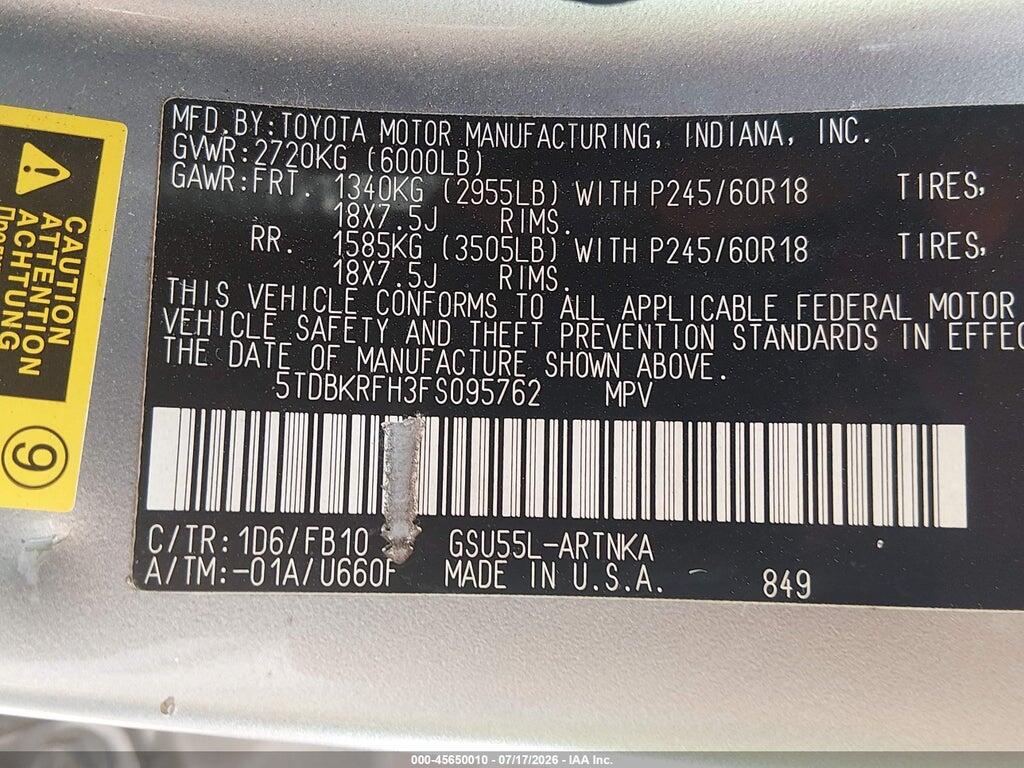 5TDBKRFH3FS095762 2015 TOYOTA HIGHLANDER photo no. 9