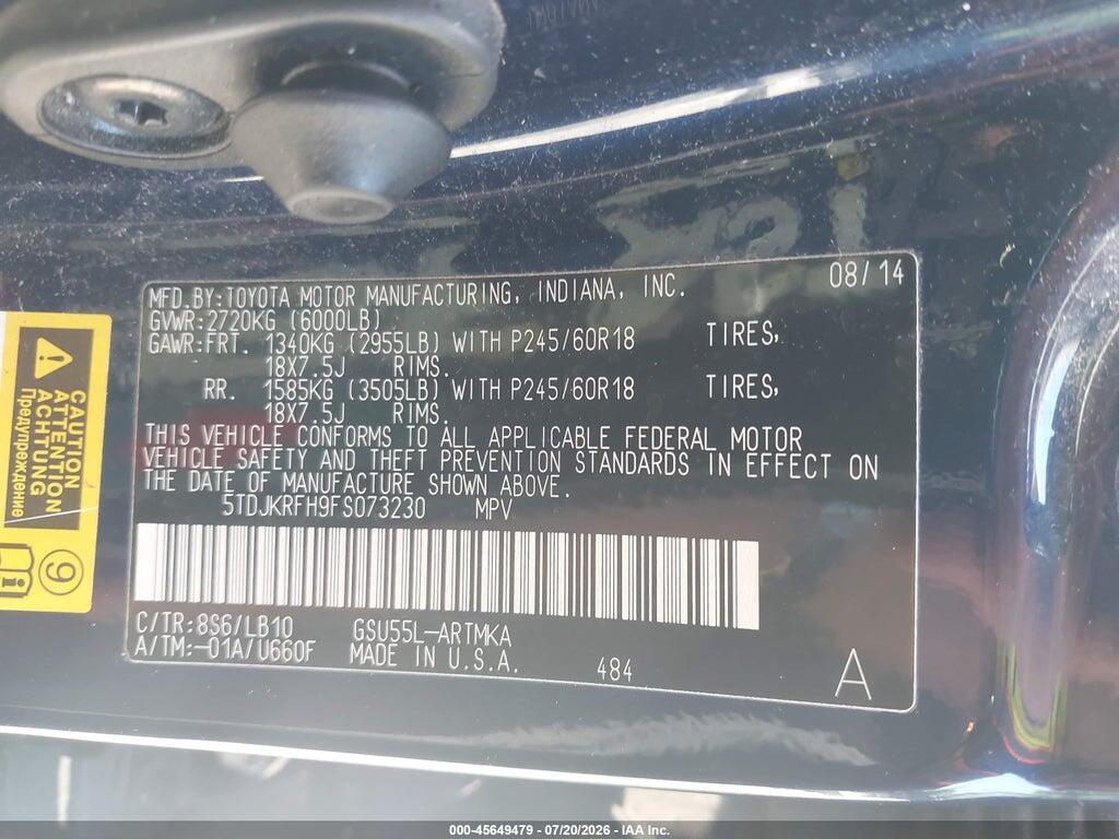5TDJKRFH9FS073230 2015 TOYOTA HIGHLANDER photo no. 9
