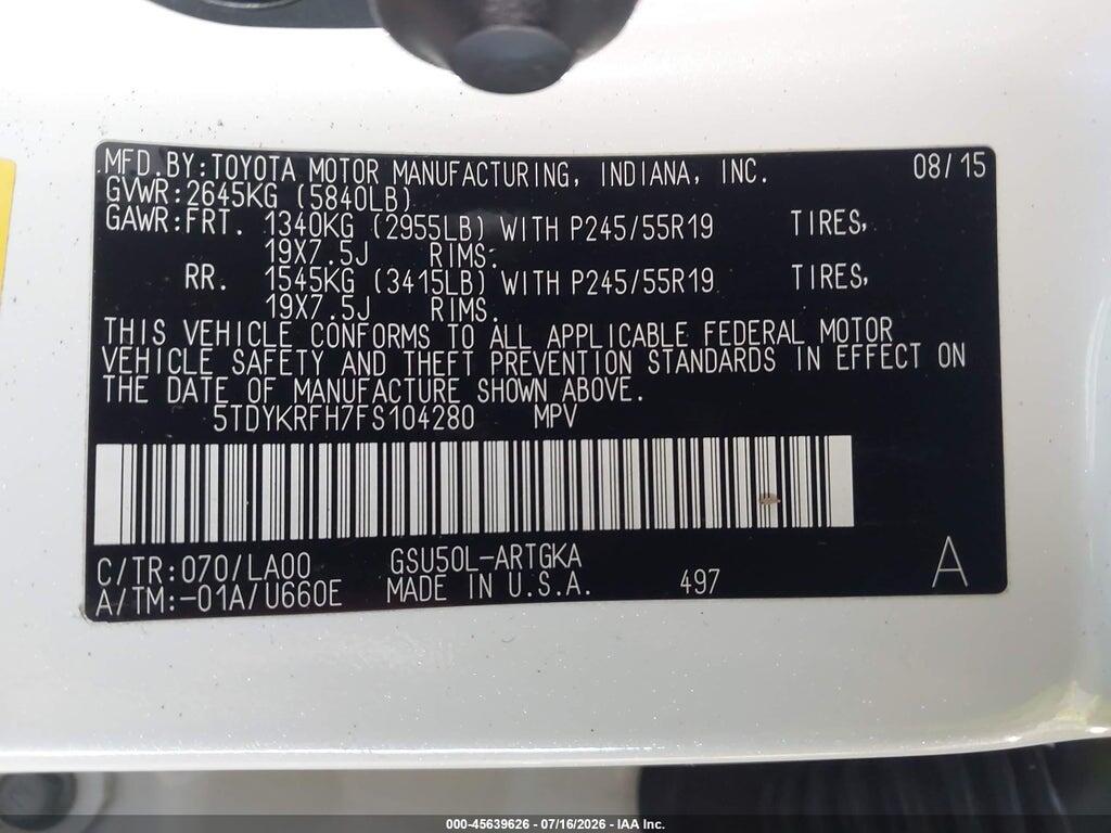 5TDYKRFH7FS104280 2015 TOYOTA HIGHLANDER photo no. 9