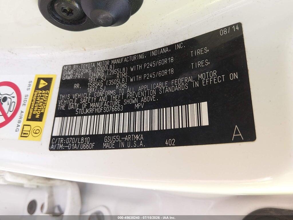 5TDJKRFH0FS076663 2015 TOYOTA HIGHLANDER photo no. 9