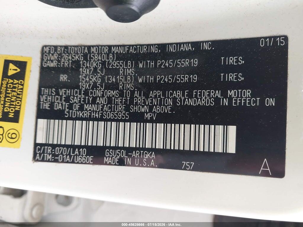 5TDYKRFH4FS065955 2015 TOYOTA HIGHLANDER photo no. 9