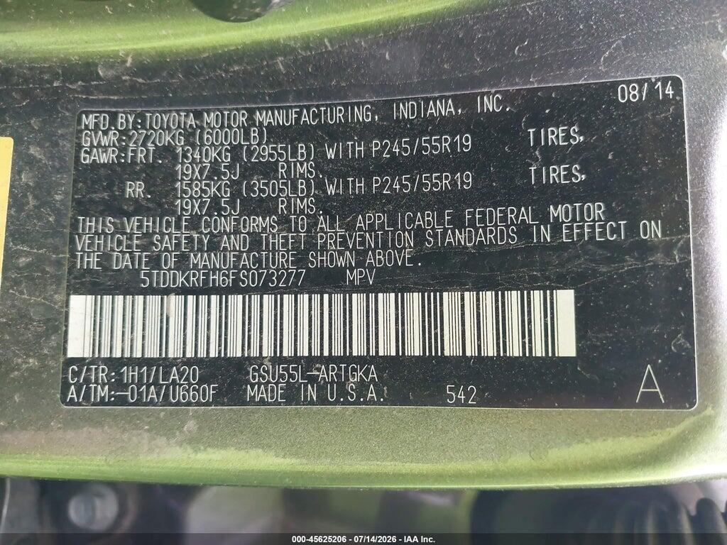 5TDDKRFH6FS073277 2015 TOYOTA HIGHLANDER photo no. 9