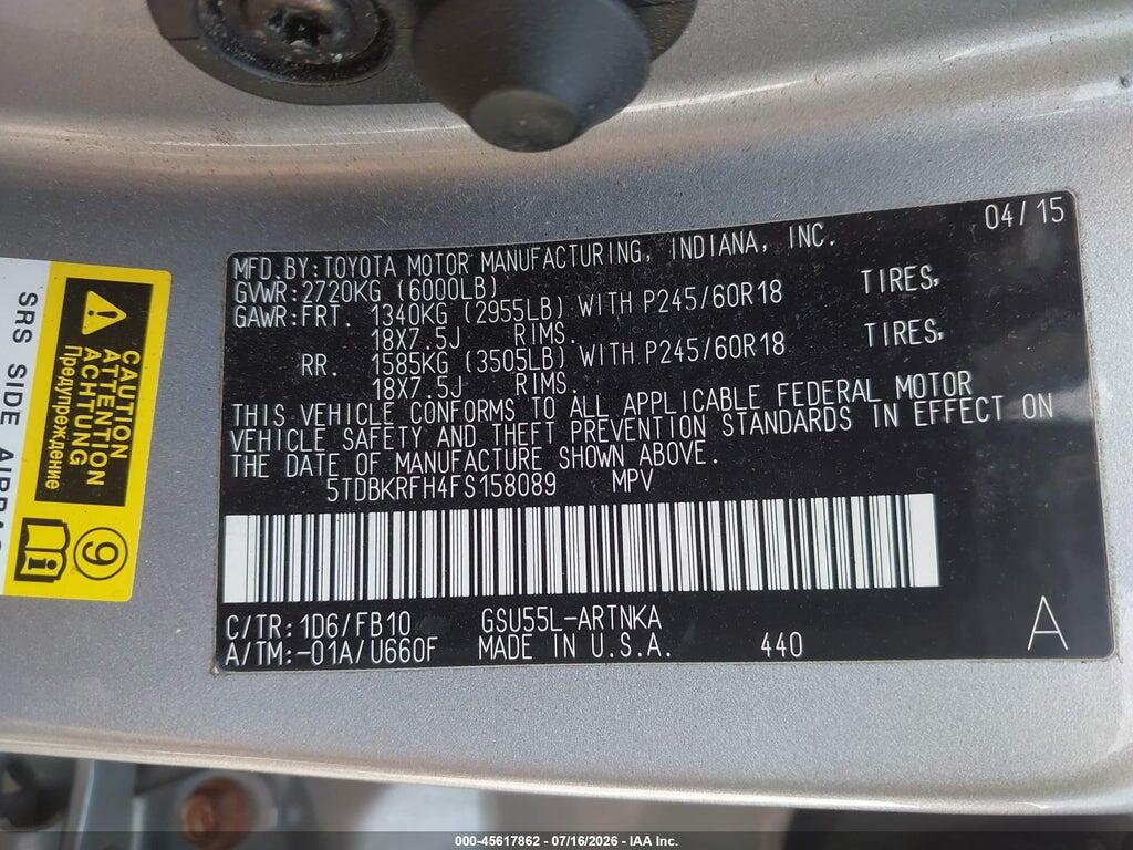 5TDBKRFH4FS158089 2015 TOYOTA HIGHLANDER photo no. 9