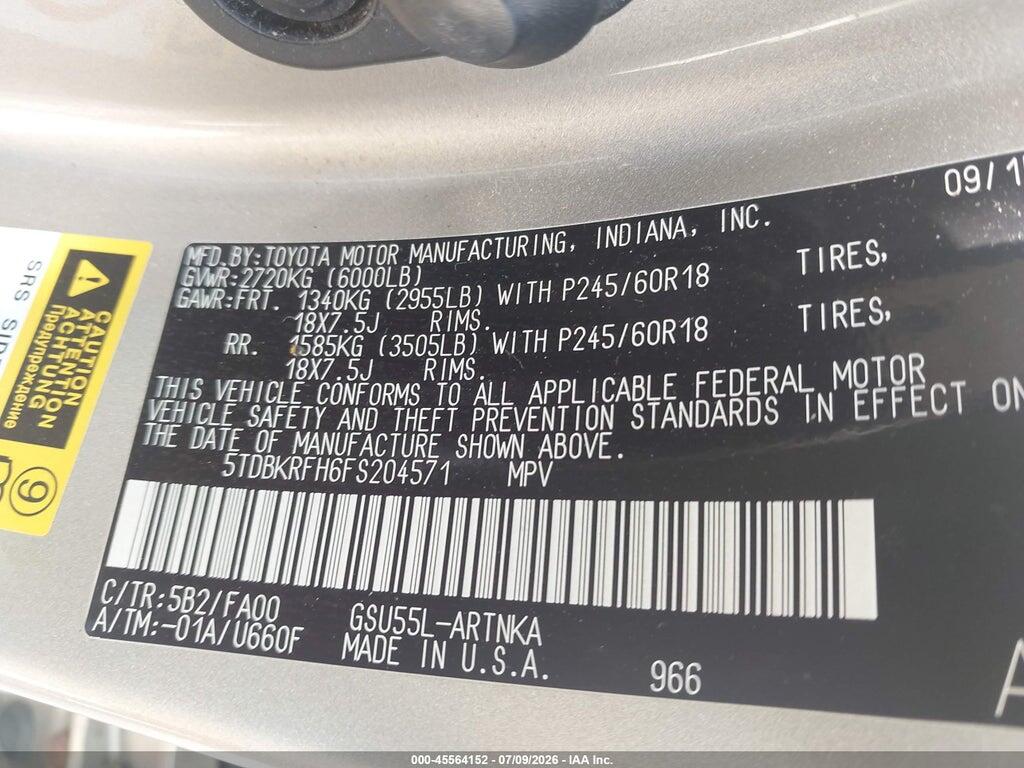 5TDBKRFH6FS204571 2015 TOYOTA HIGHLANDER photo no. 9