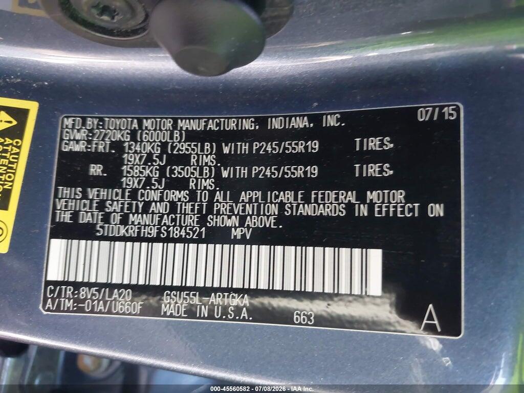 5TDDKRFH9FS184521 2015 TOYOTA HIGHLANDER photo no. 9