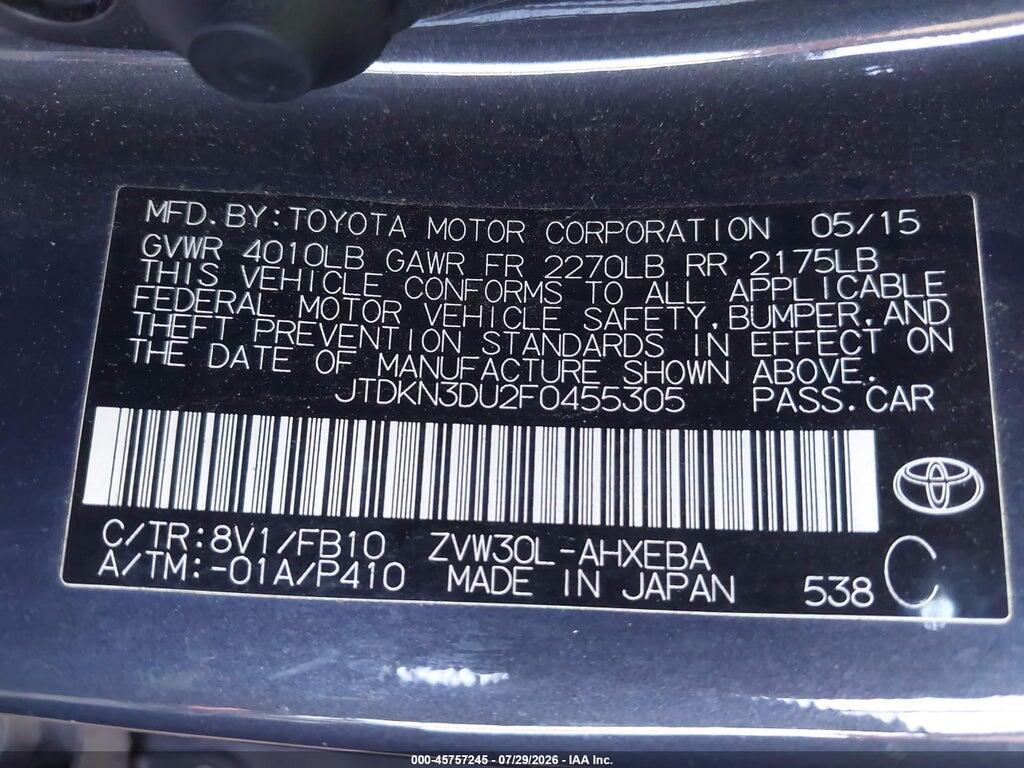 JTDKN3DU2F0455305 2015 TOYOTA PRIUS photo no. 9