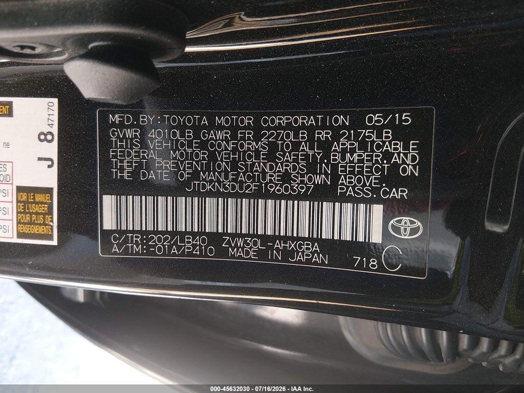 JTDKN3DU2F1960397 2015 TOYOTA PRIUS photo no. 9