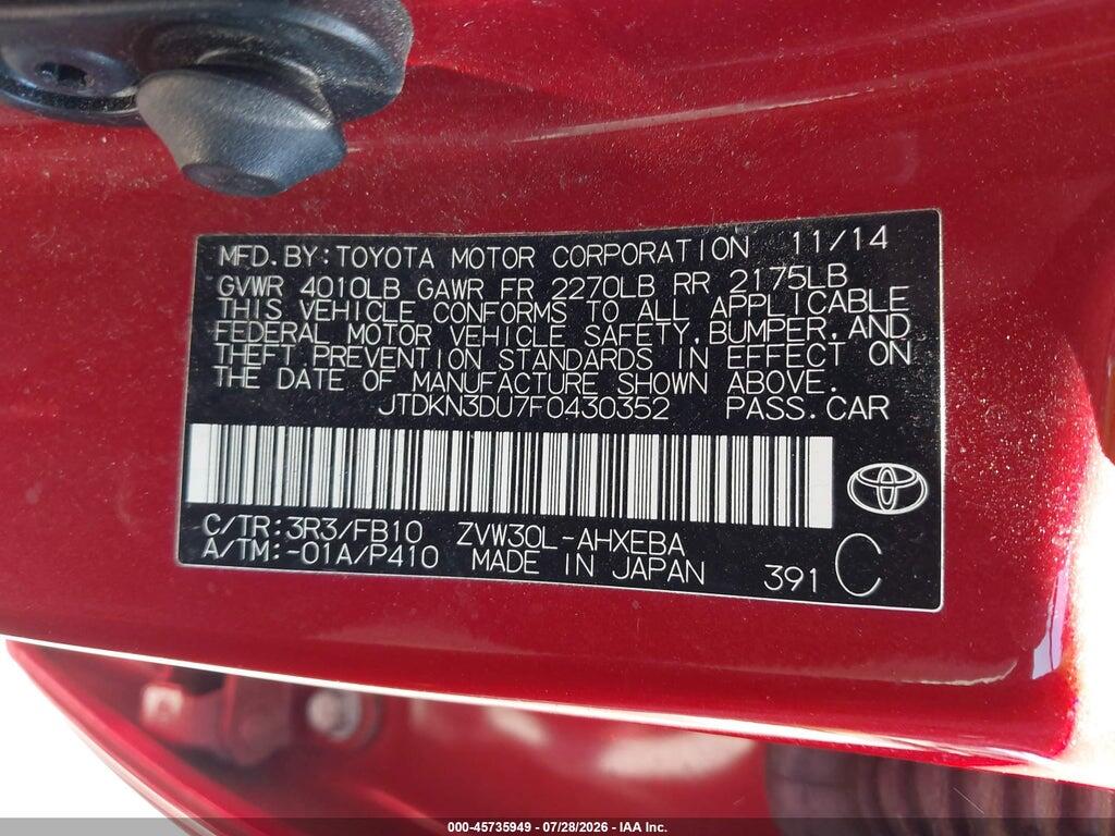 JTDKN3DU7F0430352 2015 TOYOTA PRIUS photo no. 9