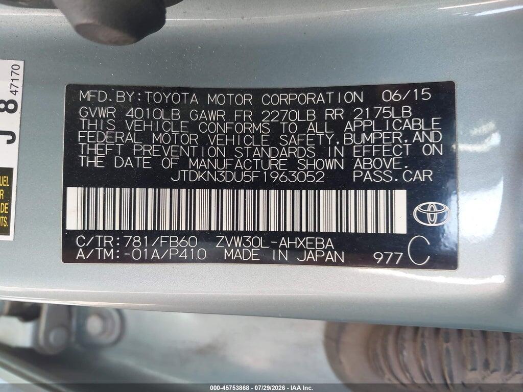 JTDKN3DU5F1963052 2015 TOYOTA PRIUS photo no. 9