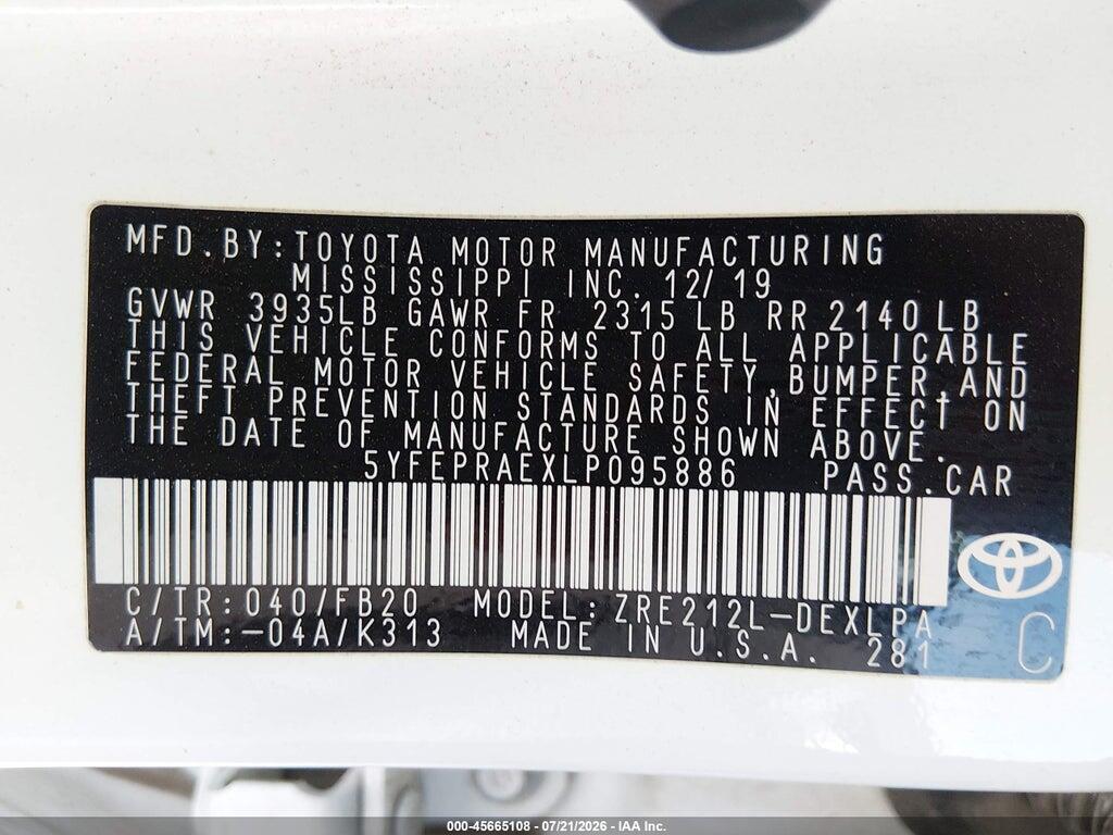 5YFEPRAEXLP095886 2020 TOYOTA COROLLA photo no. 9