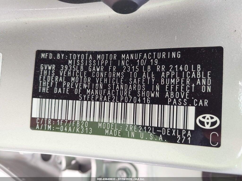 5YFEPRAE2LP070416 2020 TOYOTA COROLLA photo no. 9