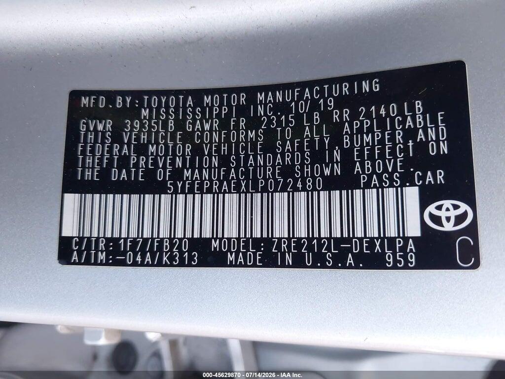 5YFEPRAEXLP072480 2020 TOYOTA COROLLA photo no. 9
