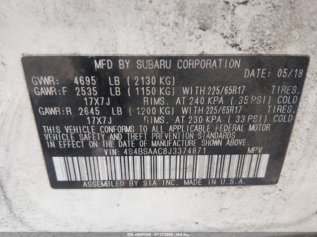 4S4BSAAC8J3374871 2018 SUBARU OUTBACK photo no. 9