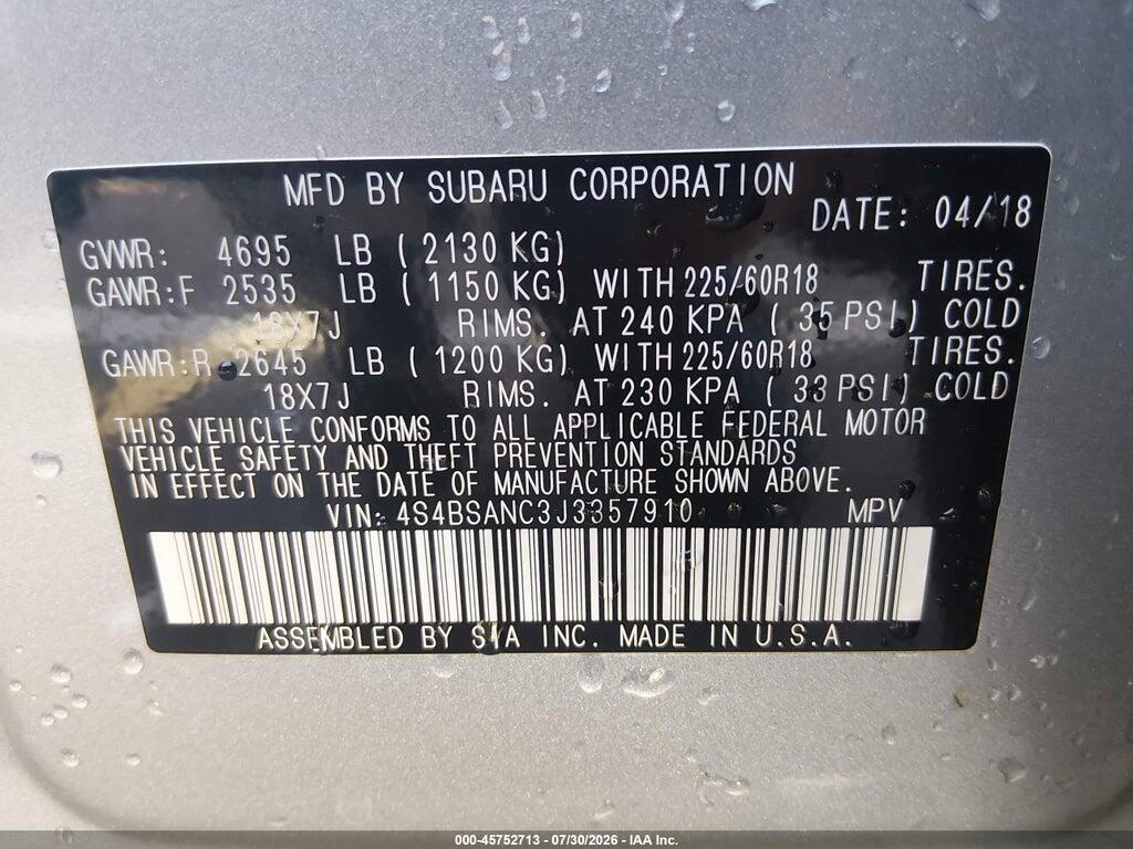 4S4BSANC3J3357910 2018 SUBARU OUTBACK photo no. 9