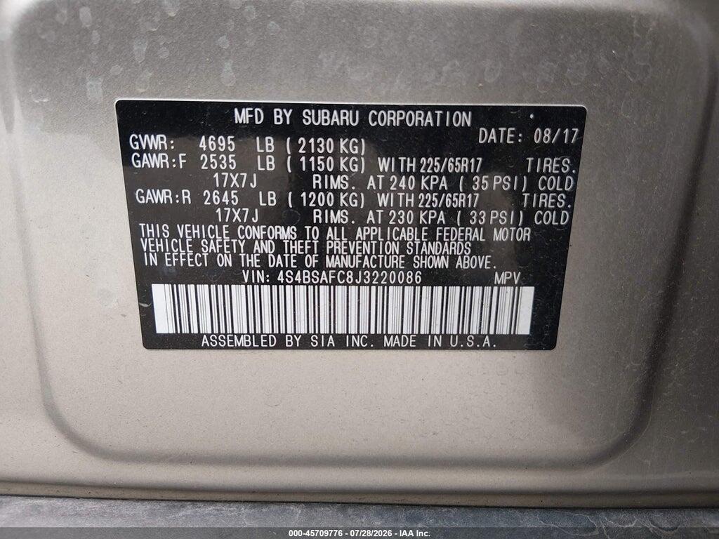 4S4BSAFC8J3220086 2018 SUBARU OUTBACK photo no. 9