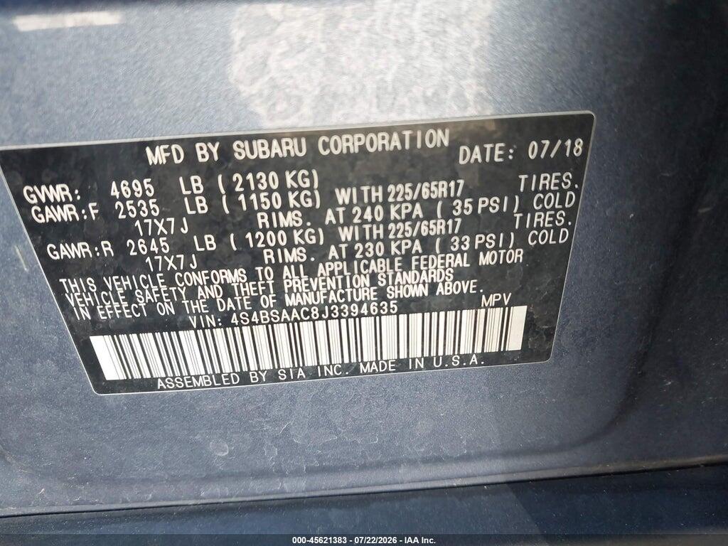 4S4BSAAC8J3394635 2018 SUBARU OUTBACK photo no. 9